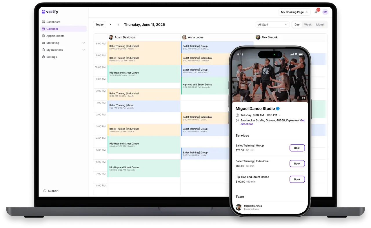 Visitfy dance studio booking dashboard preview
