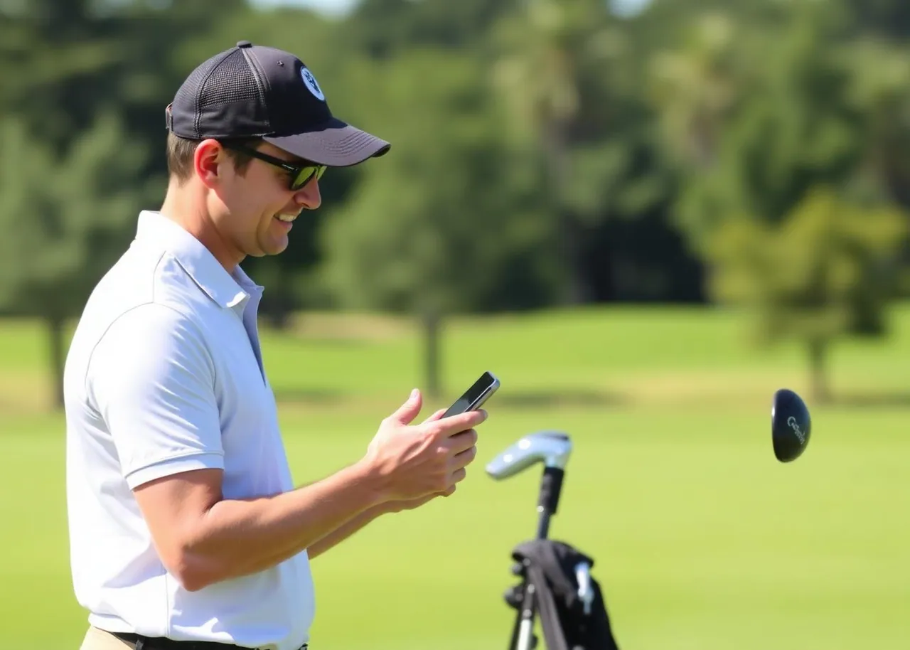 Golf instructor at the golf club looking at his phone