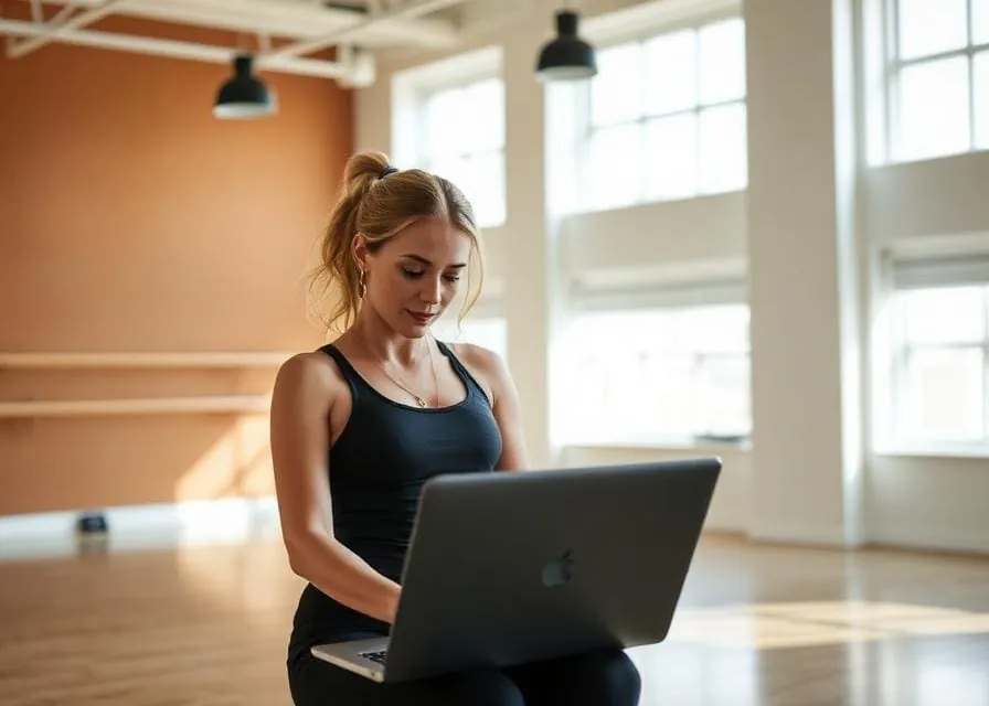 Dance instructor in the studio checking bookings on a laptop