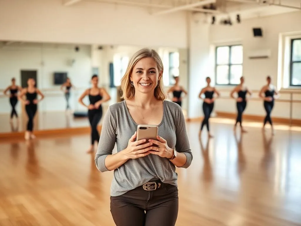Woman in a dance studio looking at her phone