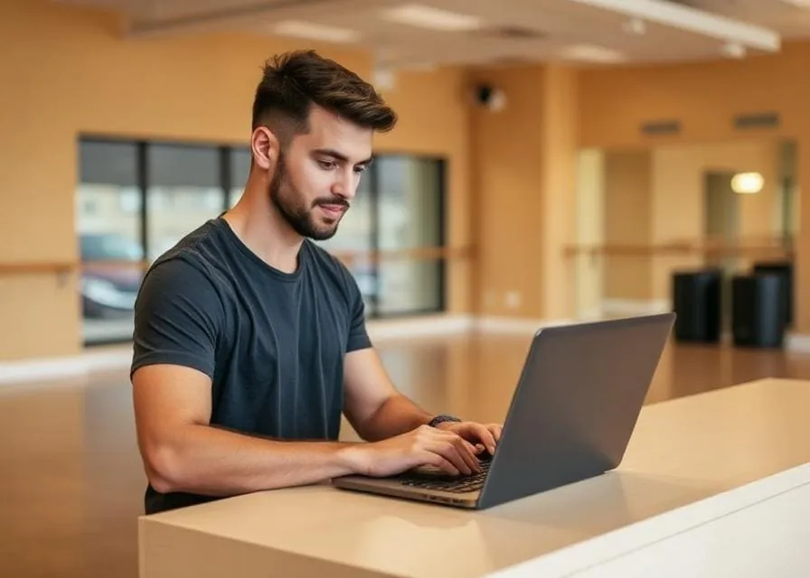 Dance instructor working on a laptop in the studio