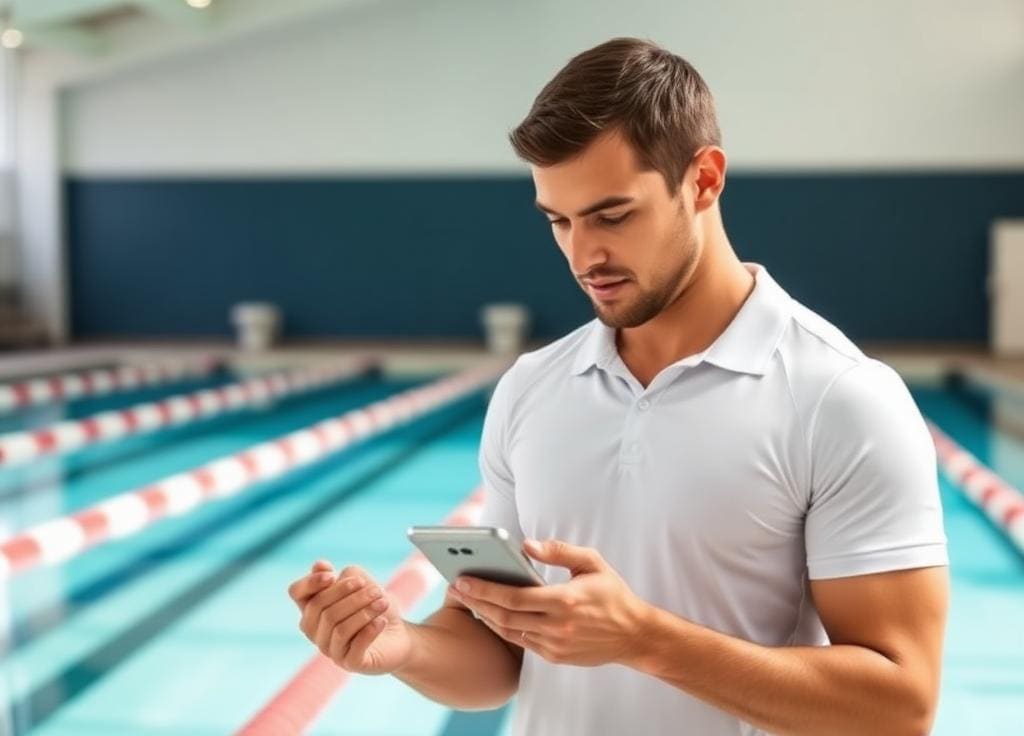 Swim instructor next to the pool checking bookings on his phone
