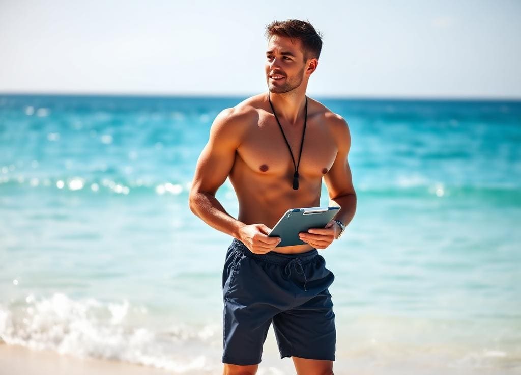 A swim instructor on the beach