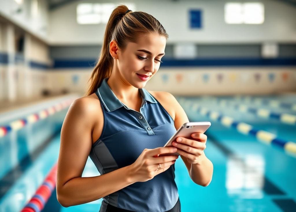 Swim instructor next to the pool checking bookings on her phone
